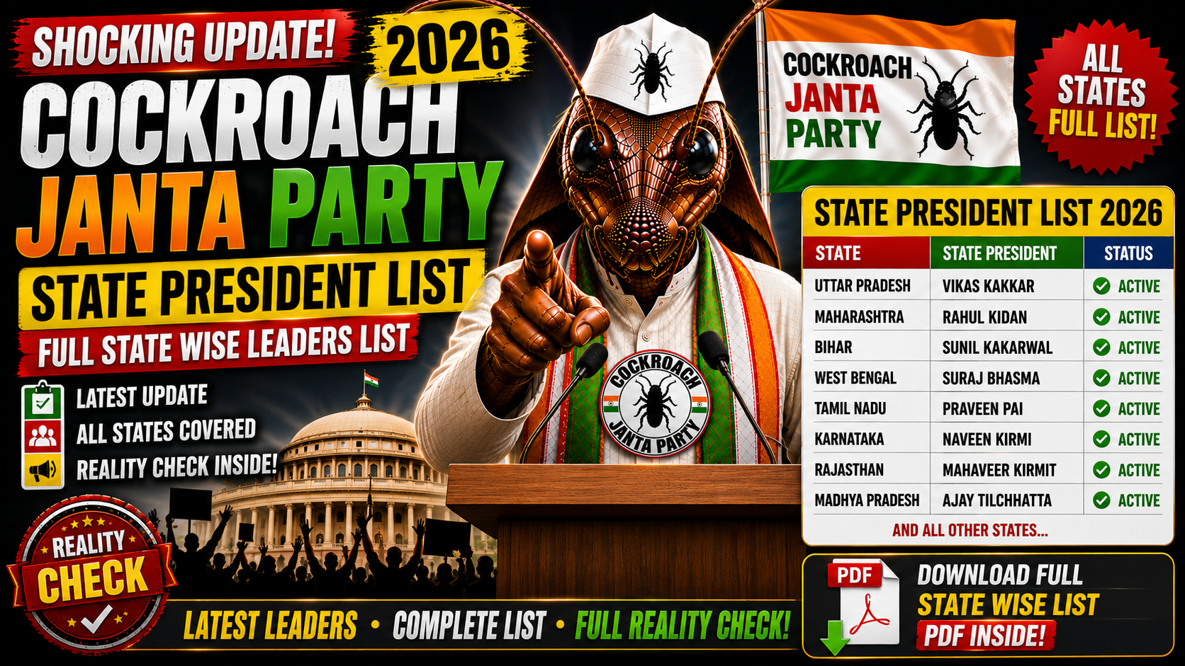 Shocking Update! Cockroach Janta Party State President List 2026 – Full State Wise Leaders List, Latest Update & Reality Check